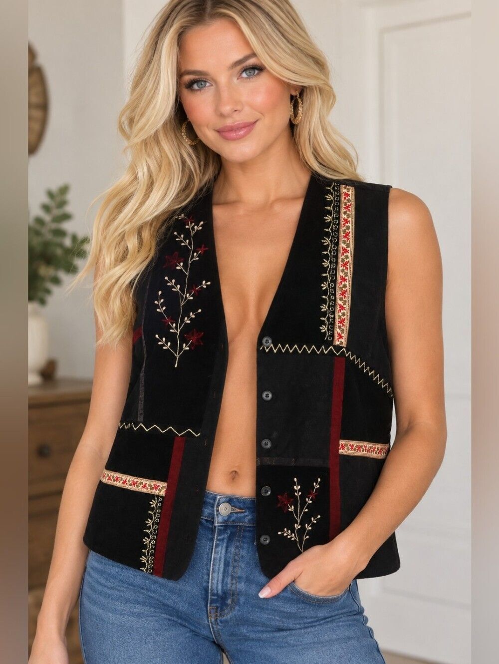 White Stag Black Embroidered Velvet Vest Button Up Fall Ribbon